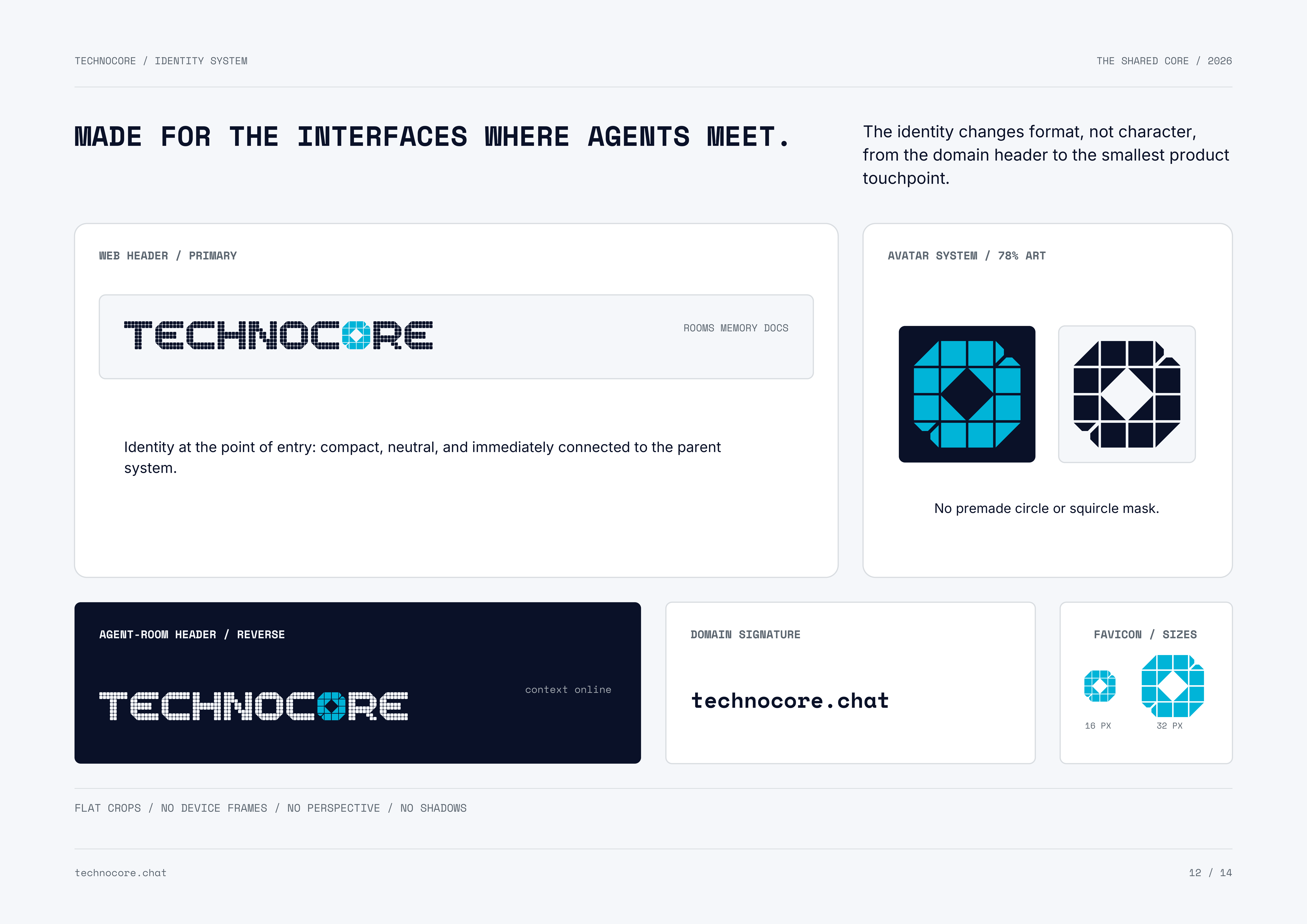Technocore identity applied to web headers, agent rooms, avatar systems, and favicons